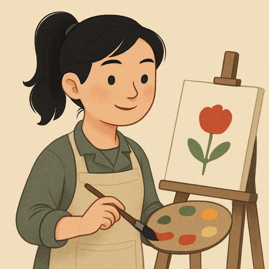 fun colorful cartoon of an asian art teacher with black hair up in a ponytail, wearing an apron