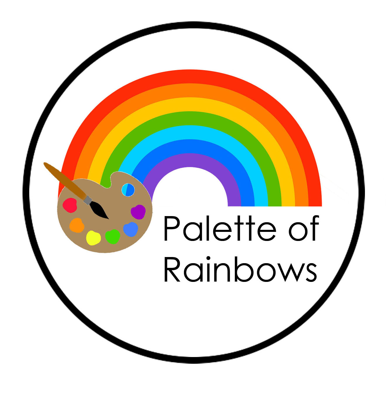 Palette of Rainbows logo featuring a rainbow and a paint palette with a brush. With a solid white background. Simplistic a...