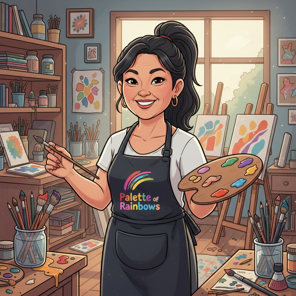 Create a cartoon-style image of a middle-aged Asian American woman with a high ponytail. She wears a black apron featuring a 'Palette of Rainbows' logo, is smiling, and stands in an inviting home environment filled with art supplies. She is holding a painter's palette and a paintbrush.